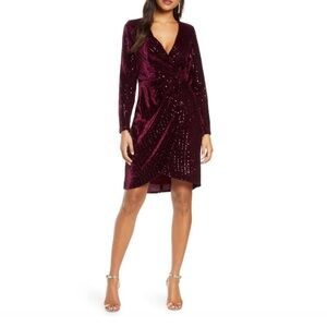 NWT JULIA JORDAN Velvet Sequin Long Sleeve Faux Wrap Dress - 2
